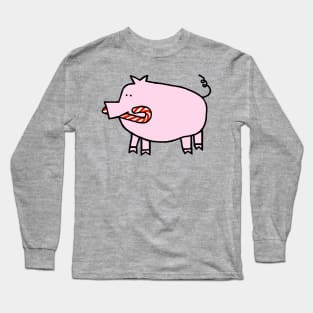 Cute Christmas Pig with Candy Cane in Mouth Long Sleeve T-Shirt